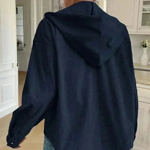Navy Blue Casual Women's Solid Color Minimalist Hooded Long Sleeve Jacket - Picture 2 of 5